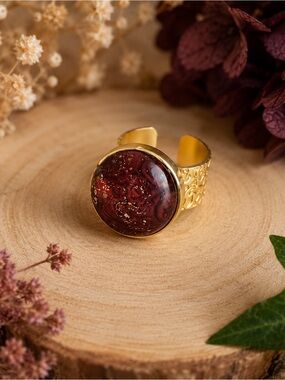 Handmade Burgundy Galaxy Statement Ring Adjustable Gold Tone Polymer Clay